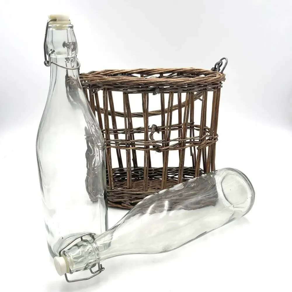 BOHO VINTAGE Two Swing Top Bottles in Wicker Carrier